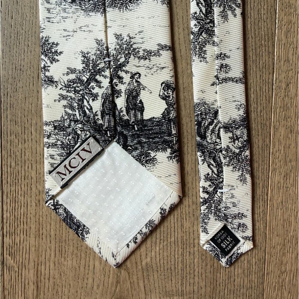 MCIV Mallory & Church Vintage 100% Silk Tie Black Ivory Toile Pastoral Print